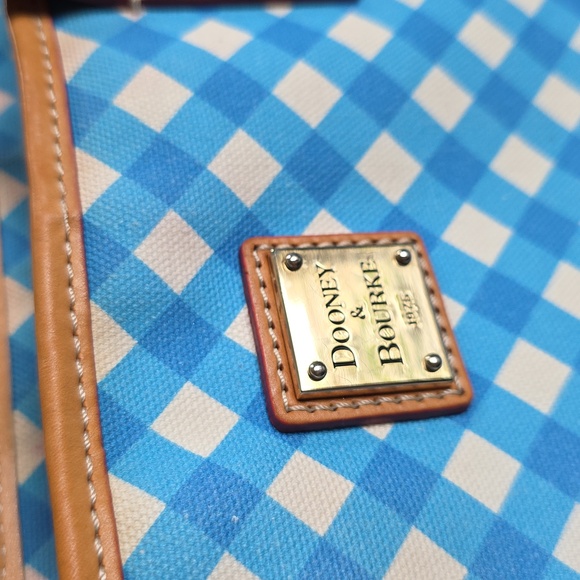 Dooney & Bourke Blue Zip Top Gingham Canvas Tote Shoulder Bag Tan Leather Accent - Picture 4 of 14